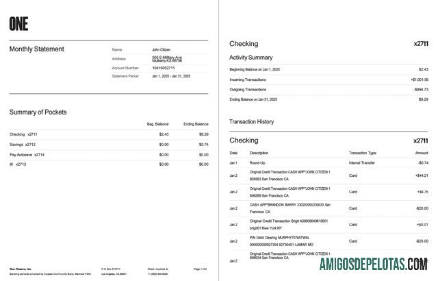 Modelo realista de extrato bancário da USA One Finance, Inc. em Word e PDF, 2 páginas
